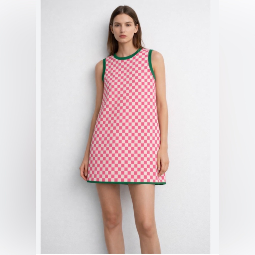 Zara Pink & White Checker Shift with Green Trim